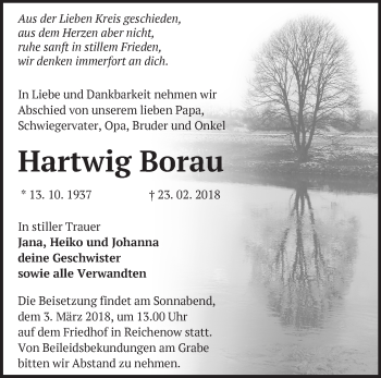 Traueranzeige von Hartwig Borau von Märkische Oderzeitung