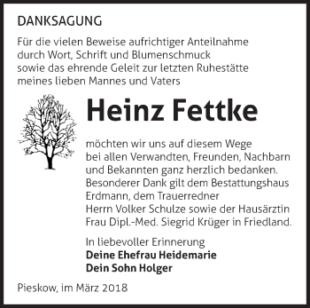 Traueranzeige von Heinz Fettke von Märkische Oderzeitung