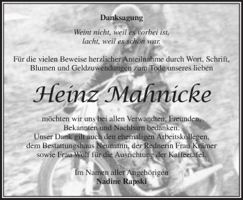 Traueranzeige von Heinz Mahnicke von Märkische Oderzeitung