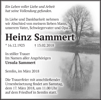 Traueranzeige von Heinz Sammert von Märkische Oderzeitung