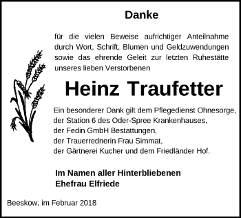 Traueranzeige von Heinz Traufetter von Märkische Oderzeitung