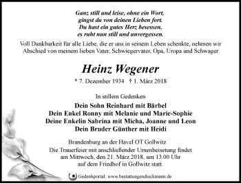 Traueranzeige von Heinz Wegener von Märkische Oderzeitung