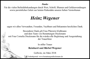 Traueranzeige von Heinz Wegener von Märkische Oderzeitung