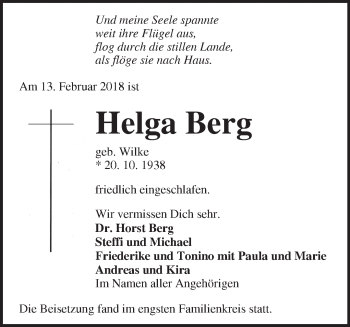 Traueranzeige von Helga Berg von Märkische Oderzeitung