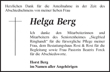 Traueranzeige von Helga Berg von Märkische Oderzeitung