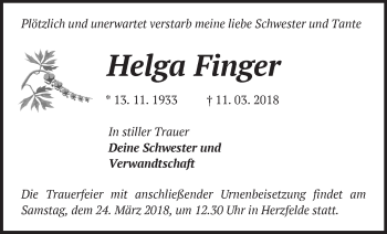 Traueranzeige von Helga Finger von Märkische Oderzeitung