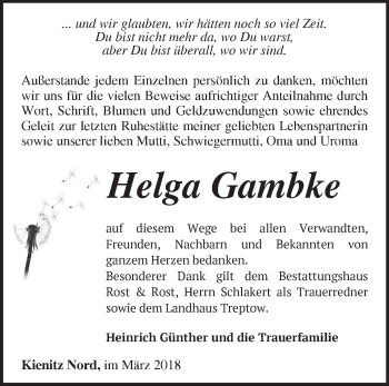 Traueranzeige von Helga Gambke von Märkische Oderzeitung