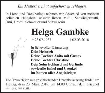 Traueranzeige von Helga Gambke von Märkische Oderzeitung