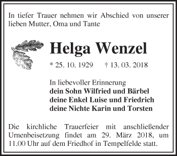 Traueranzeige von Helga Wenzel von Märkische Oderzeitung