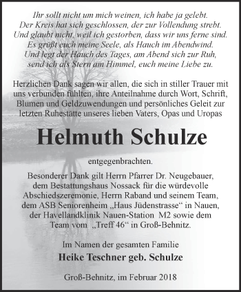 Traueranzeige von Helmuth Schulze von Märkische Oderzeitung