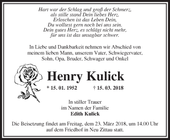 Traueranzeige von Henry Kulick von Märkische Oderzeitung