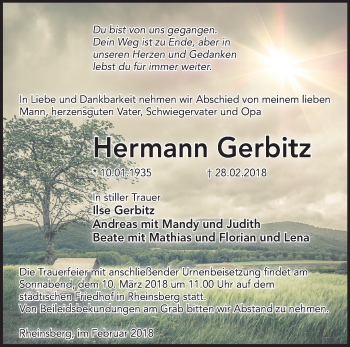 Traueranzeige von Hermann Gerbitz von Märkische Oderzeitung