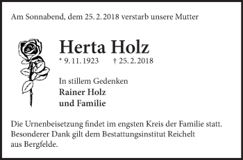 Traueranzeige von Herta Holz von Märkische Oderzeitung