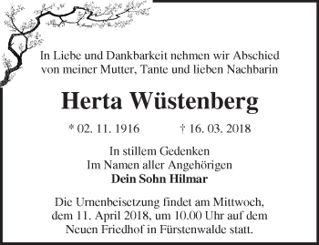 Traueranzeige von Herta Wüstenberg von Märkische Oderzeitung