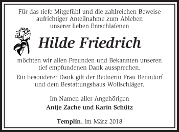 Traueranzeige von Hilde Friedrich von Märkische Oderzeitung