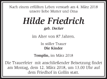 Traueranzeige von Hilde Friedrich von Märkische Oderzeitung