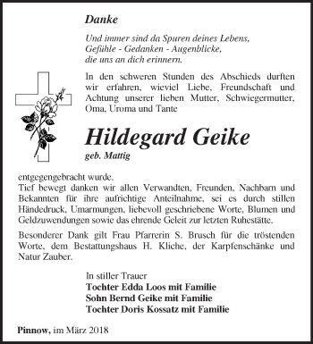 Traueranzeige von Hildegard Geike von Märkische Oderzeitung