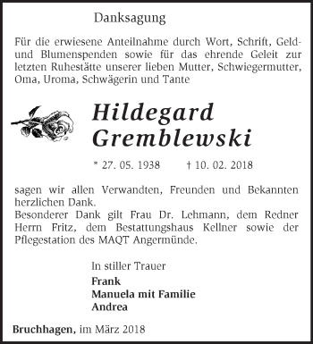 Traueranzeige von Hildegard Gremblewski von Märkische Oderzeitung