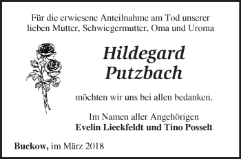 Traueranzeige von Hildegard Putzbach von Märkische Oderzeitung