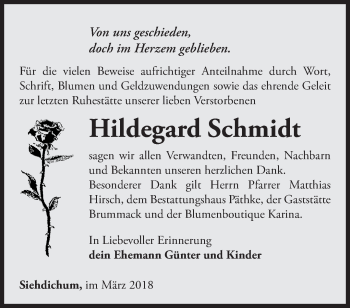 Traueranzeige von Hildegard Schmidt von Märkische Oderzeitung