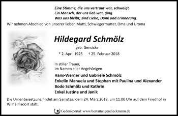 Traueranzeige von Hildegard Schmölz von Märkische Oderzeitung