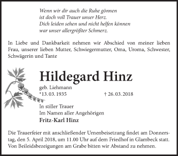 Traueranzeige von Hildfegard Hinz von Märkische Oderzeitung