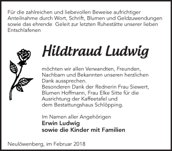 Traueranzeige von Hildtraud Ludwig von Märkische Oderzeitung