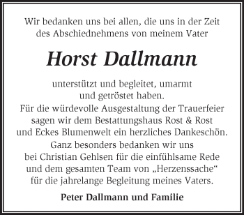 Traueranzeige von Horst Dallmann von Märkische Oderzeitung