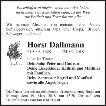 Traueranzeige von Horst Dallmann von Märkische Oderzeitung
