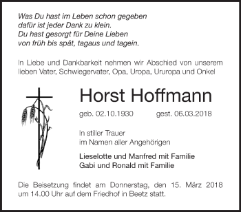 Traueranzeige von Horst Hoffmann von Märkische Oderzeitung