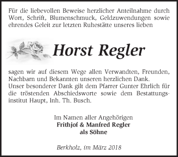 Traueranzeige von Horst Regler von Märkische Oderzeitung