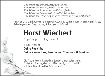 Traueranzeige von Horst Wiechert von Märkische Oderzeitung