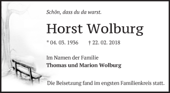 Traueranzeige von Horst Wolburg von Märkische Oderzeitung