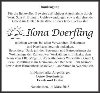 Traueranzeige von Ilona Doerfling von Märkische Oderzeitung