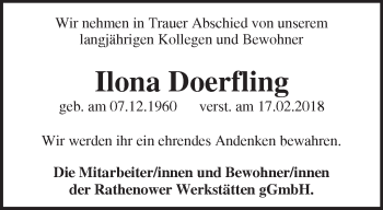 Traueranzeige von Ilona Doerfling von Märkische Oderzeitung