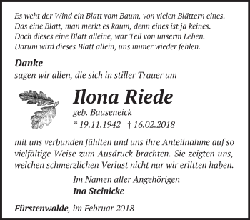 Traueranzeige von Ilona Riede von Märkische Oderzeitung