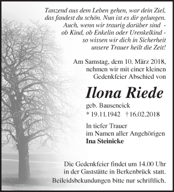 Traueranzeige von Ilona Riede von Märkische Oderzeitung