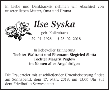 Traueranzeige von Ilse Syska von Märkische Oderzeitung