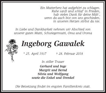 Traueranzeige von Ingeborg Gawalek von Märkische Oderzeitung
