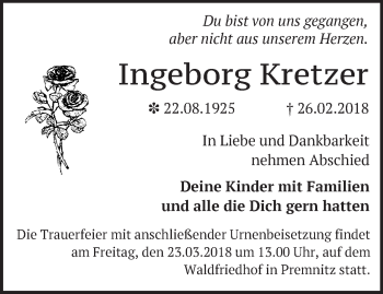 Traueranzeige von Ingeborg Kretzer von Märkische Oderzeitung