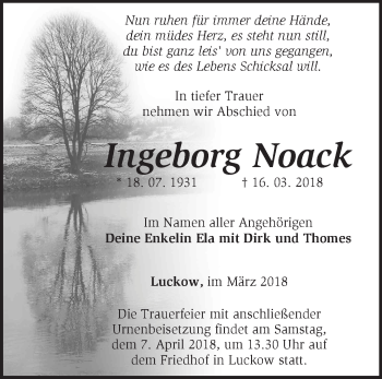 Traueranzeige von Ingeborg Noack von Märkische Oderzeitung