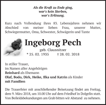 Traueranzeige von Ingeborg Pech von Märkische Oderzeitung