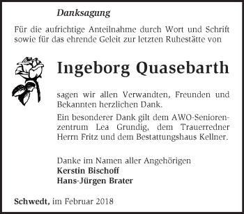 Traueranzeige von Ingeborg Quasebarth von Märkische Oderzeitung