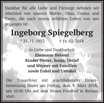 Traueranzeige von Ingeborg Spiegelberg von Märkische Oderzeitung