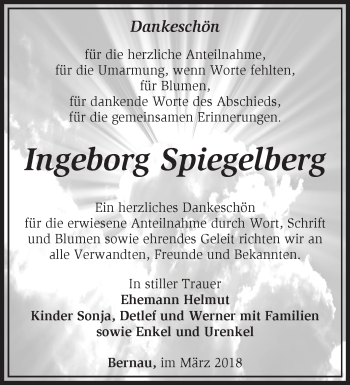 Traueranzeige von Ingeborg Spiegelberg von Märkische Oderzeitung