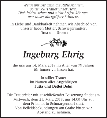 Traueranzeige von Ingeburg Ehrig von Märkische Oderzeitung