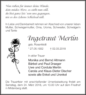Traueranzeige von Ingetraut Mertin von Märkische Oderzeitung