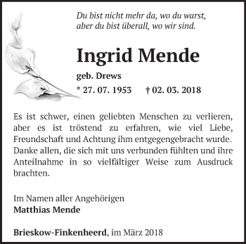 Traueranzeige von Ingrid Mende von Märkische Oderzeitung