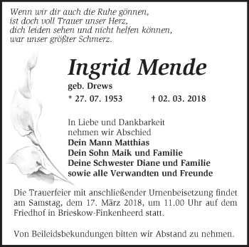 Traueranzeige von Ingrid Mende von Märkische Oderzeitung