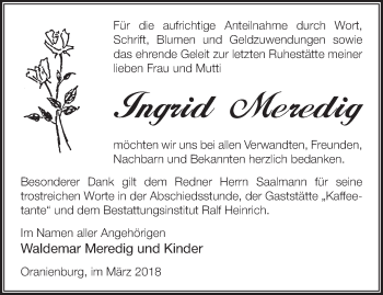 Traueranzeige von Ingrid Meredig von Märkische Oderzeitung